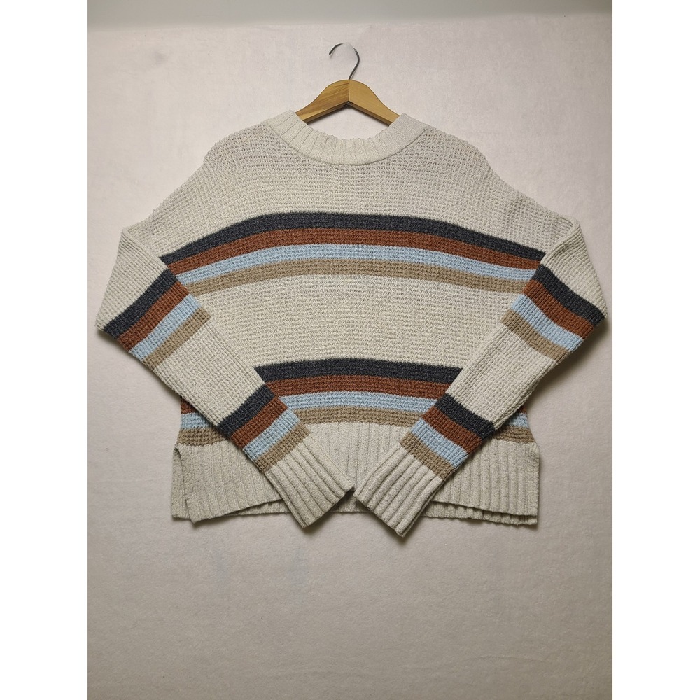 SO Size M Sweater Boho Retro Cream Striped Textured Knit Crew Neck Long Sleeve